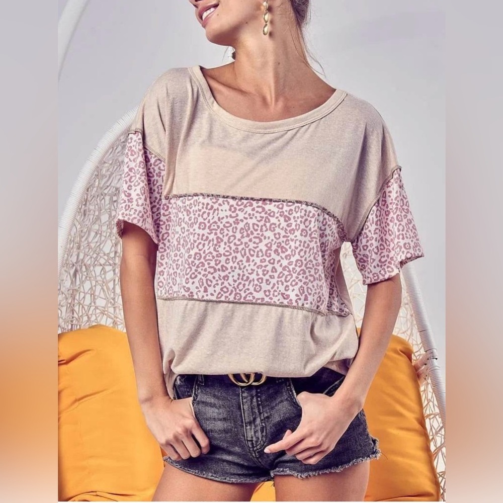 BiBi Beige and Pink Leopard Print Short Sleeve Top